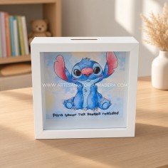 hucha de madera con fondo de stitch disney personalizada