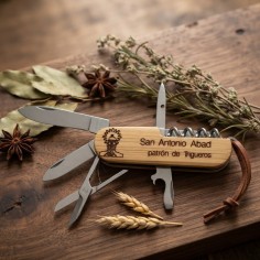 navaja multiusos de madera con imagen de san antonio abad personalizada