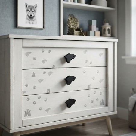 tirador de mueble con diseño de lobo huargo exclusivo de Forja y Madera