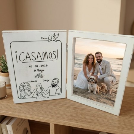 portafotos en forma de libro para bodas con ilustracion de novios personalizado